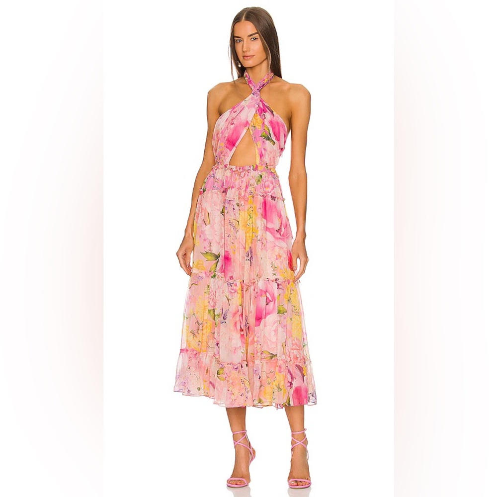Rococo Sand Pink and Yellow Floral Twist-Halter Midi Dress